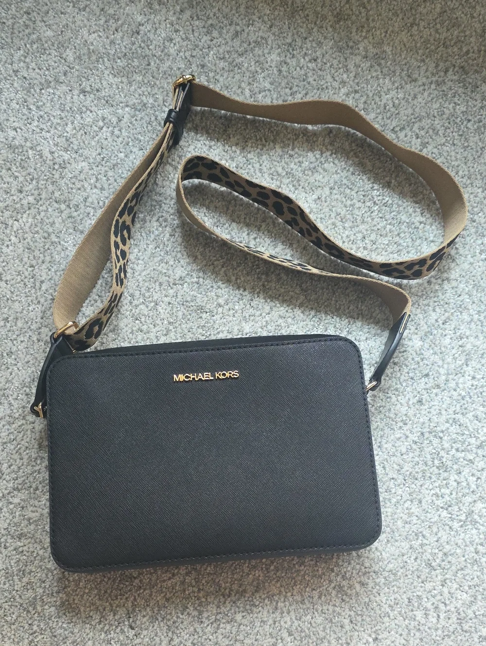 Michael Kors Black Crossbody with Leopard-Print Strap